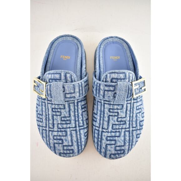 Fendi Feel Cotton Blue Denim FF Logo Gold Slip On Slide Clogs Mules Flats 40 - Picture 11 of 16